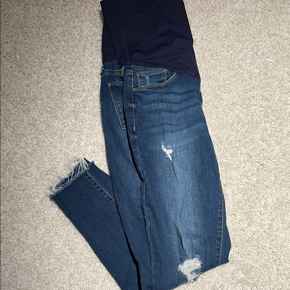 Pinkblush Blue Straight Leg Maternity Jeans with Distressed Details